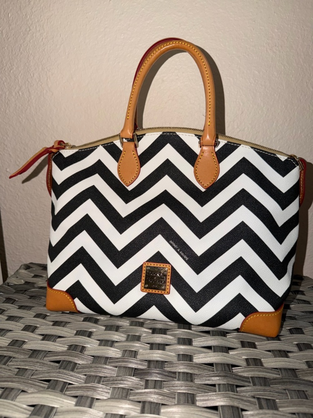 Dooney & Bourke Black & White Chevron Top Handle Satchel - Tan Leather Trim - Picture 11 of 14